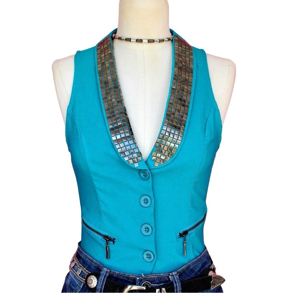 Green Studded Collar Sleeveless Vest Carmin Los Angeles S/M Y2K Punkcore Rocker